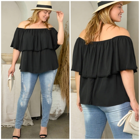 LAST ONE❗️PEACH LOVE CALIFORNIA Plus Size Black Off Shoulder Flounce Top - Picture 6 of 6